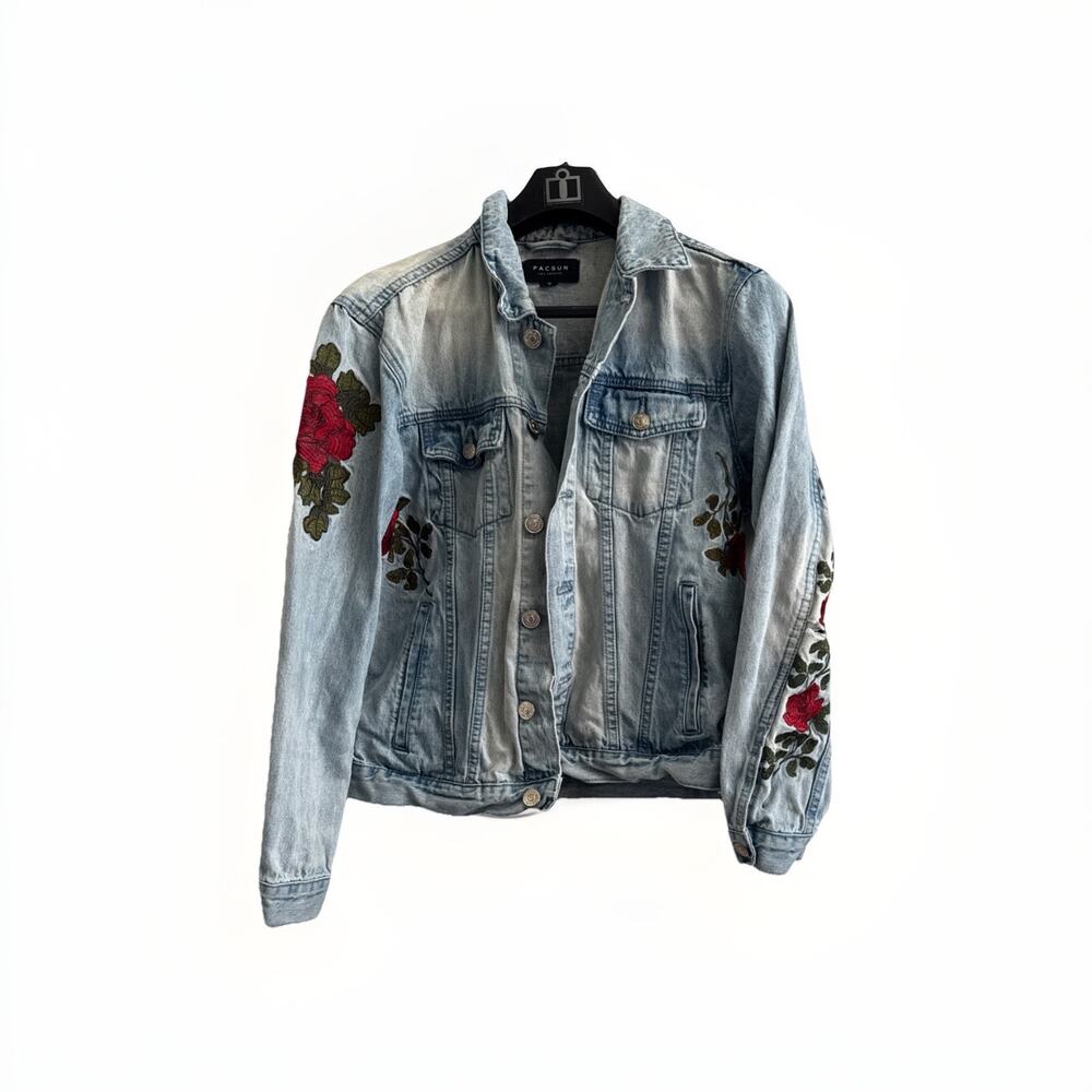 Pacsun‎ Womens Jean Denim Jacket M Embroidered Roses Long Cotton